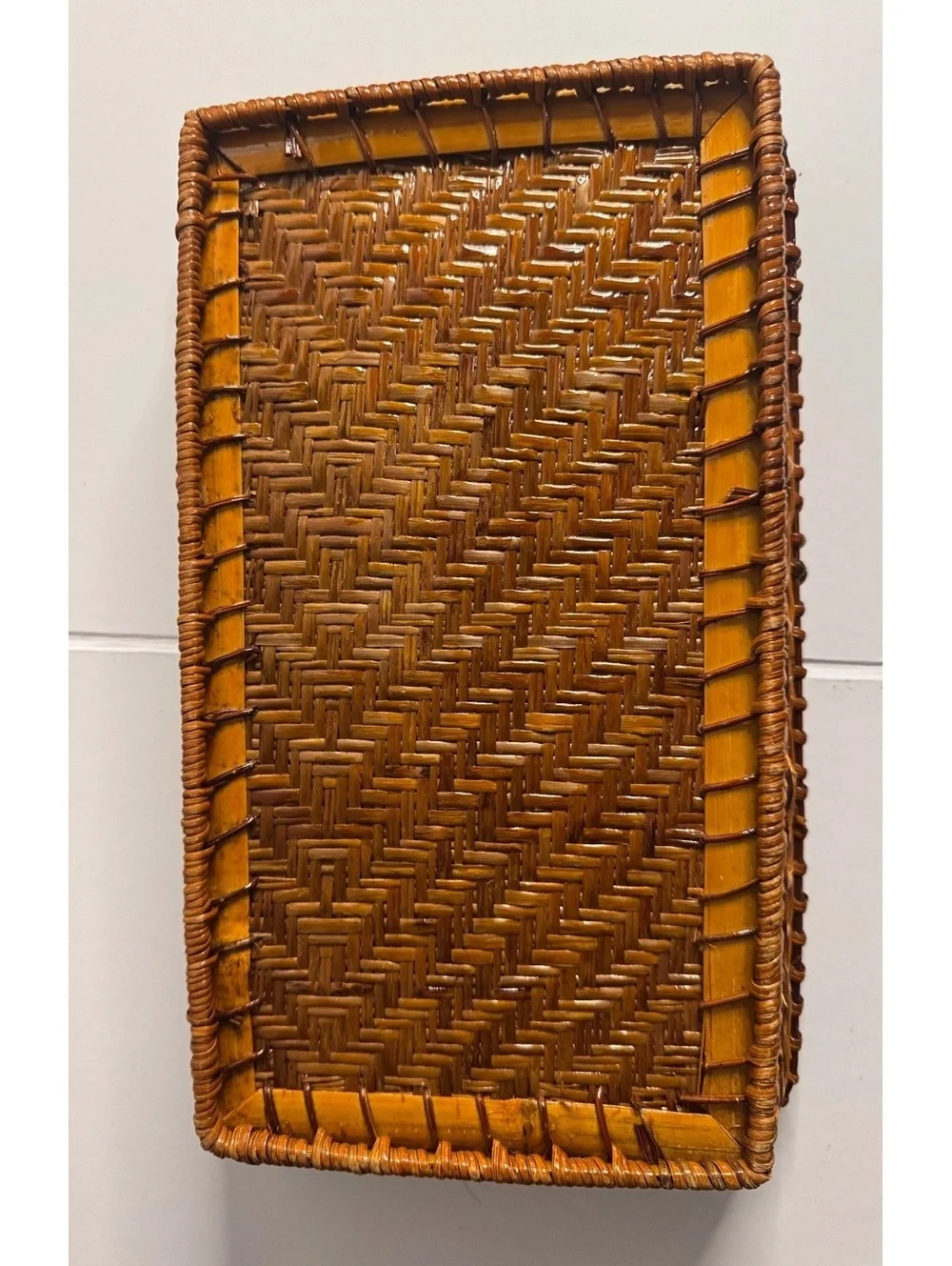 Handwoven Rectangular Rattan Basket Tray with Geometric Pattern